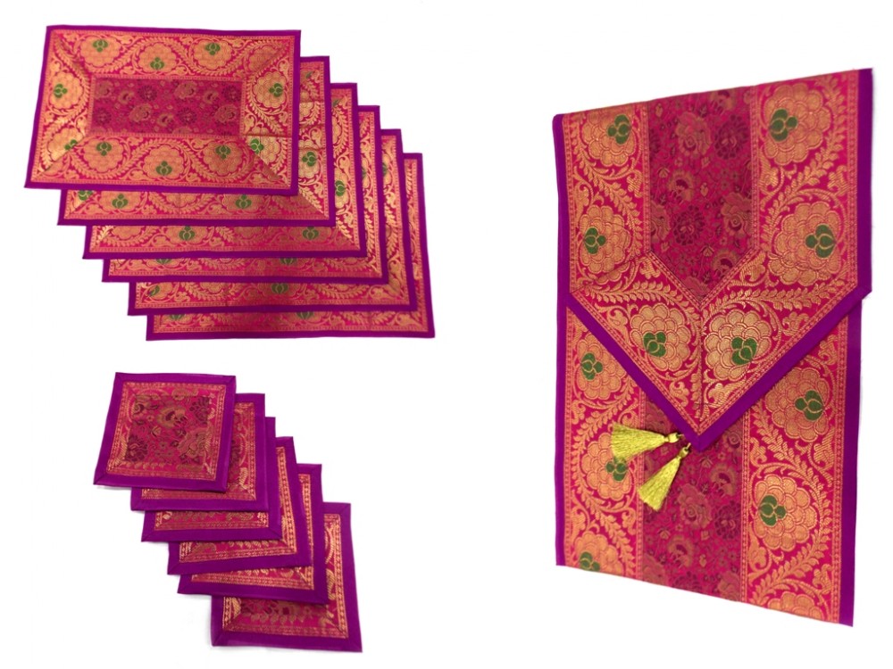 Indian Silk Table Runner with 6 Placemats & 6 Coaster in Pink Color Size 16x62